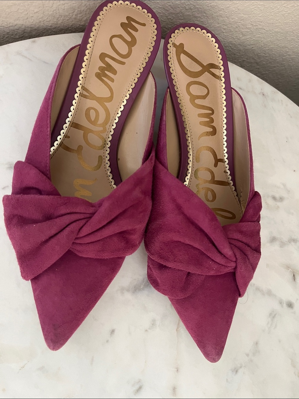 Sam Edelman Fuchsia Knotted Pointed-Toe Suede Mules